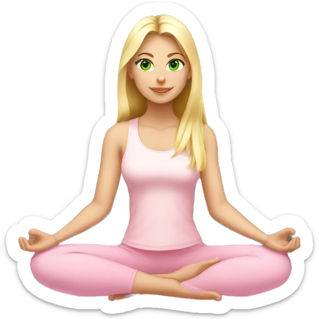 blonde long hair and green eyes yoga girl in light pink clothes sitting on a yoga mat sticker