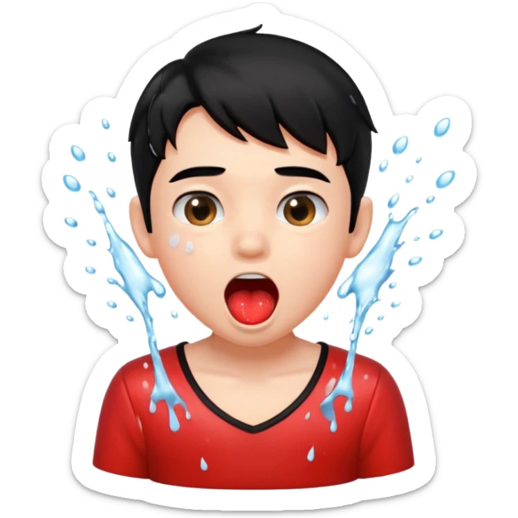 a peach splashing water in boy's mouth above his head with black hair and red dress sticker