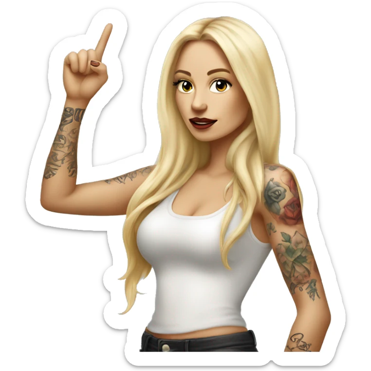 Blonde elegant women with LONG HAIR, her Body Covered with Tattoos, POINTING YOU FORWARD with her HAND with INDEX FINGER, Hyper realistic sticker