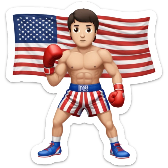 Rocky Balboa boxer in fighting stance with boxing gloves and American flag shorts sticker