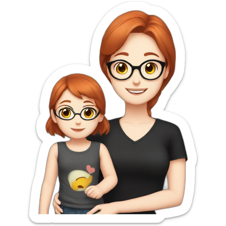 girl otaku redhead wearing glasses and black shirt with her daughter sticker