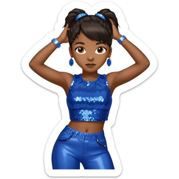 Left Eye from TLC with long dark brown ponytail hair, blue sequin crop top and pants sticker