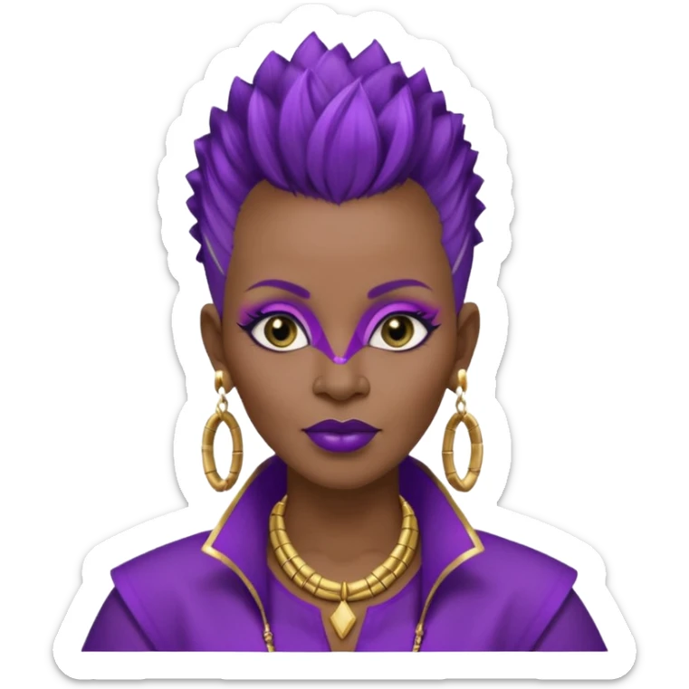 57yr old Qeen black woman with a natural hair mohawk style haircut adorning purple royalty clothing and purle lipstick and eyeshadow purple,  with a nose studs on each side. Wearing gold square  bamboo earrings  sticker