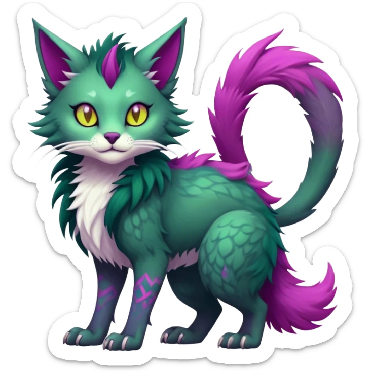 Kawaii dark edgy gloomy dark green ethereal feline-vernid-sergal-fursona animal creature with a tufted tail full body with intricate markings with magenta eyes, yellow Scapha  sticker