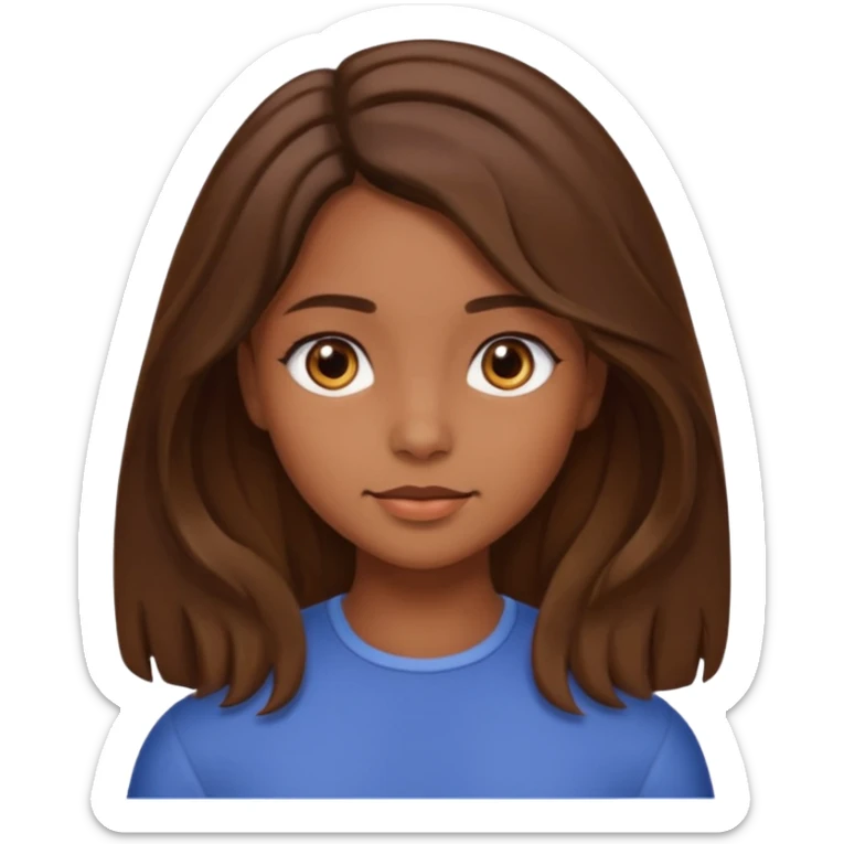 A girl with brown eyes and brown slightly wavy shoulder length hair and a center part sticker
