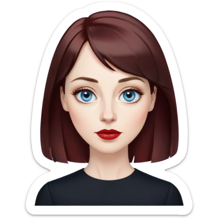 Artistic woman in her 40s with pale skin, oval face, large expressive blue eyes with eyeliner, thin arched eyebrows, small nose, full lips with red lipstick, dark auburn hair that's straight with slight waves at ends, straight bangs, wearing a black top, warm creative expression sticker