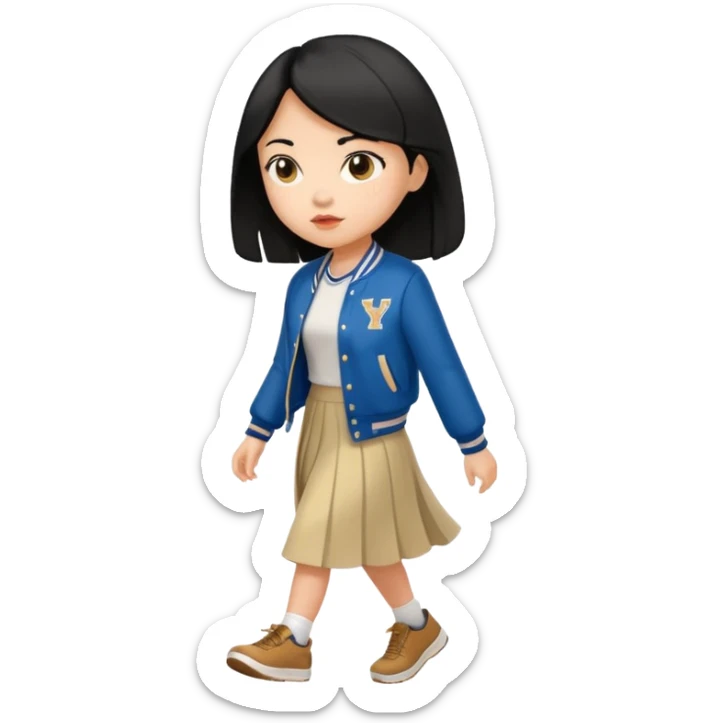 black color long hair girl with varsity jacket and long skirt walking  sticker