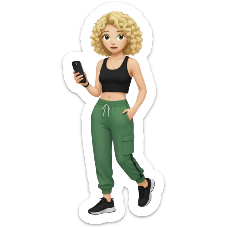 A white curly with curly blonde hair wearing a black crop top and baggy green sweatpants walking holding her tan i phone sticker