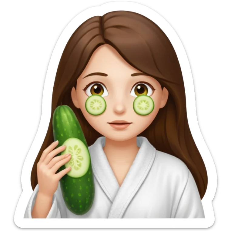 white long brunette hair girl with hazel eyes in a bathrobe with cucumbers on her eyes sticker