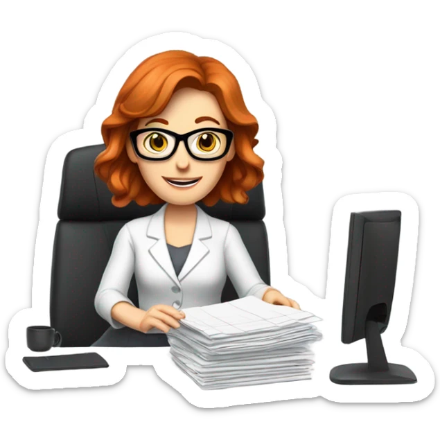 red hair woman nutritionist wearing glasses desk monitor stack paper sticker