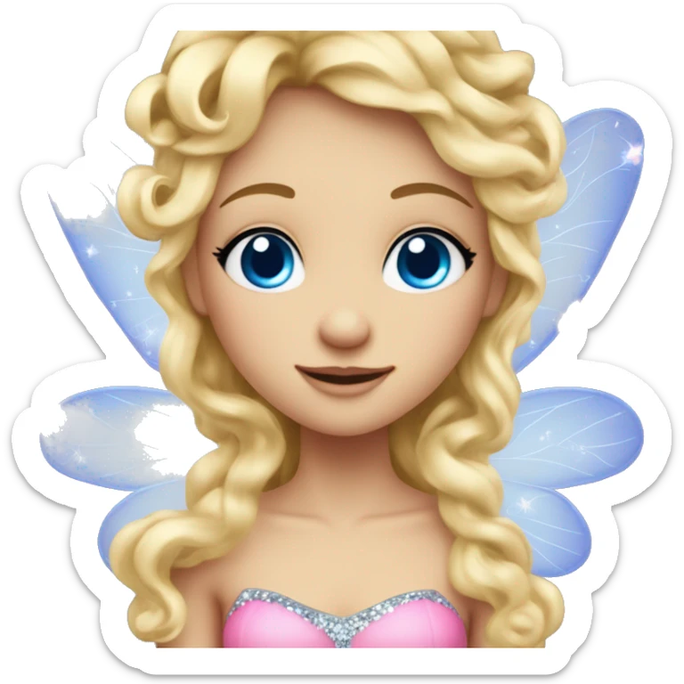 Create a blonde haired fairy with blue eyes and a pink dress with sparkly wings. The fairy has long, curly hair with a lot of volume sticker