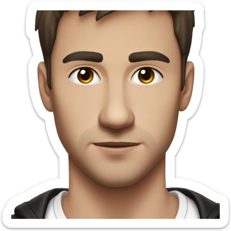 young adult guy wearig black jacket and white t-shirt under it. he has dark brown short hair and metal chain-necklase on his neck sticker