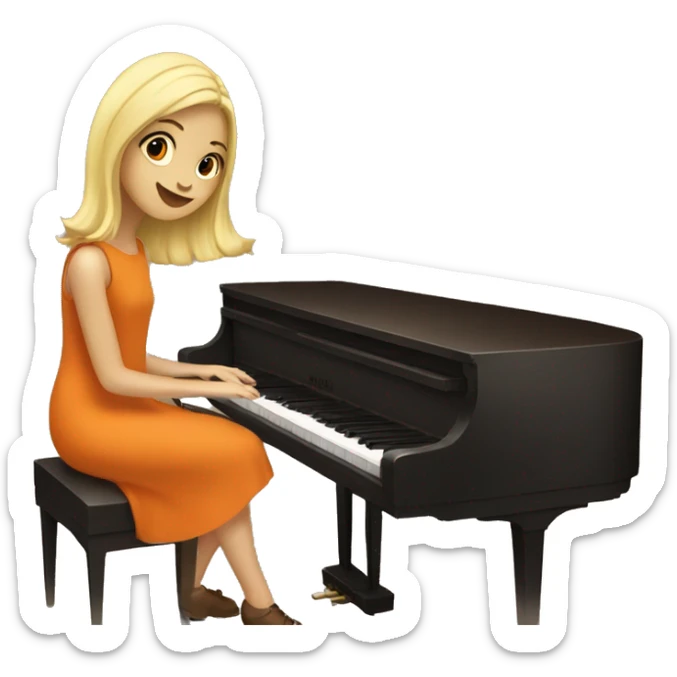 Blonde girl wearing an orange dress playing a brown upright piano sticker
