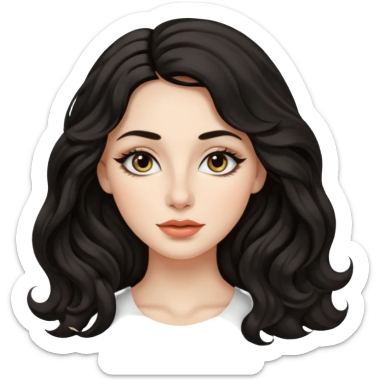 persona mujer con piel clara y ondas color negro y largos  y sin volumen y con delineador en los ojos y con los labios medianos, ojos almendrados y nariz respringada y el fondo blanco  sticker