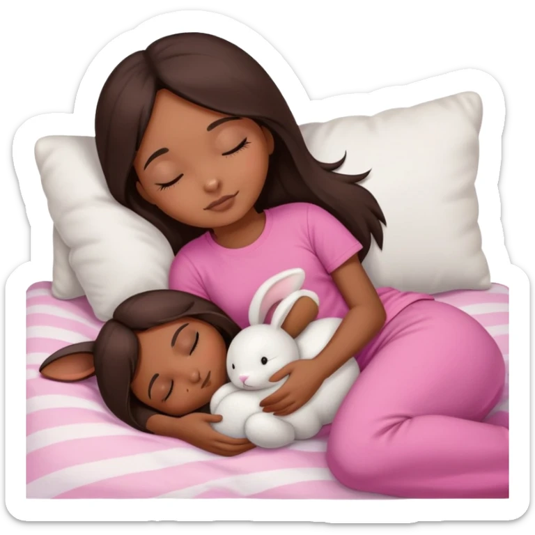 create a brown skin girl with long straight dark brown hair wearing a pink t shirt sleeping on a white blanket with her stuffed rabbit plushie next to her  sticker