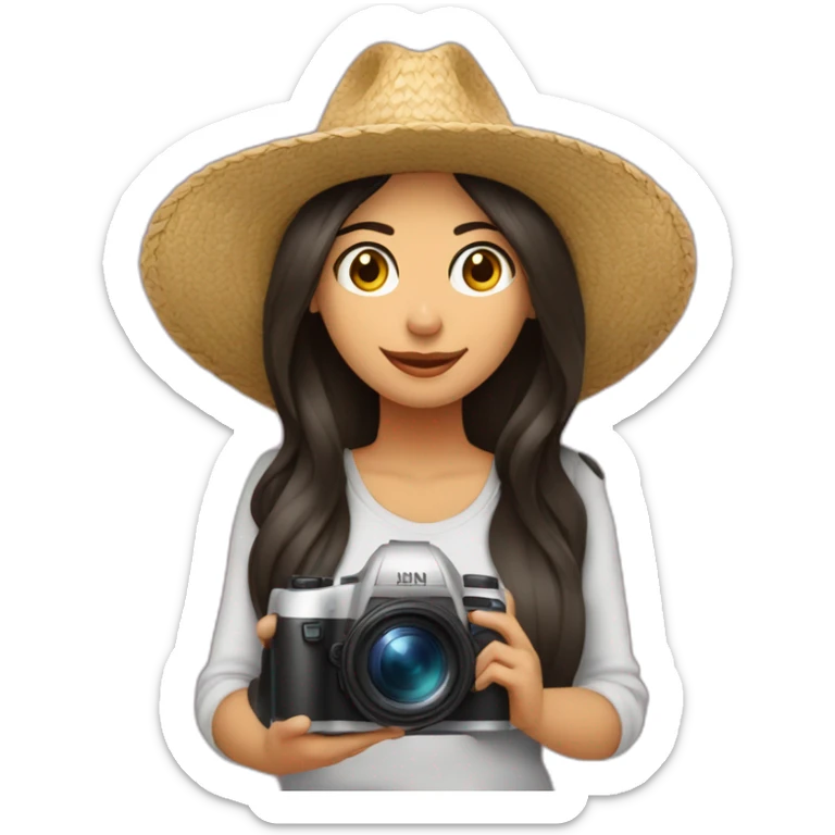 Mujer morena cabello largo con sombrero con cámara de fotos  sticker