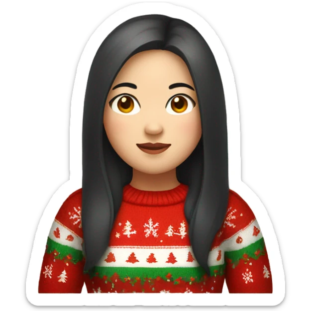 Chubby Asian girl with long dark hair wearing Christmas sweater sticker