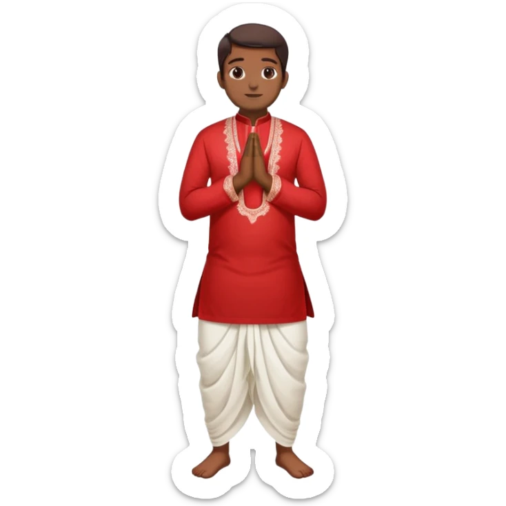 Full body Bengali man wearing traditional red kurti and white dhoti with hands joined in prayer position sticker