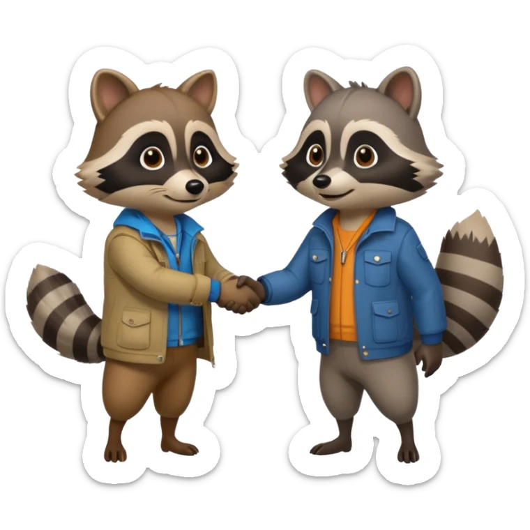 person and racoon standing full body looking at each other and giving a hand shake. cartoon style sticker