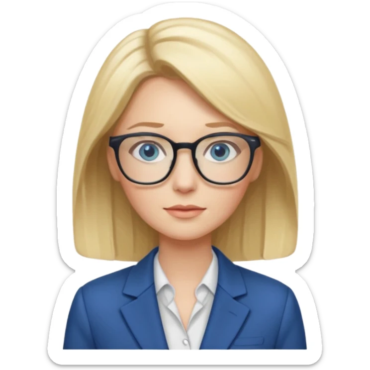 a woman, blonde highlights in hair, glasses and blue eyes. teacher sticker