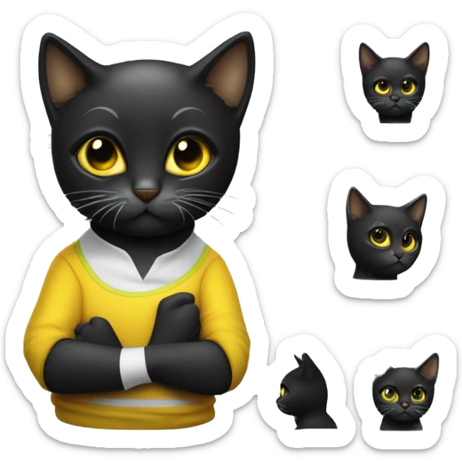 Faça emoji do gato preto zhury. Ele é todo preto, com olho amarelo esverdeado em volta. Ele é gordinho e tem um humor um tanto engraçado e sarcástico sticker