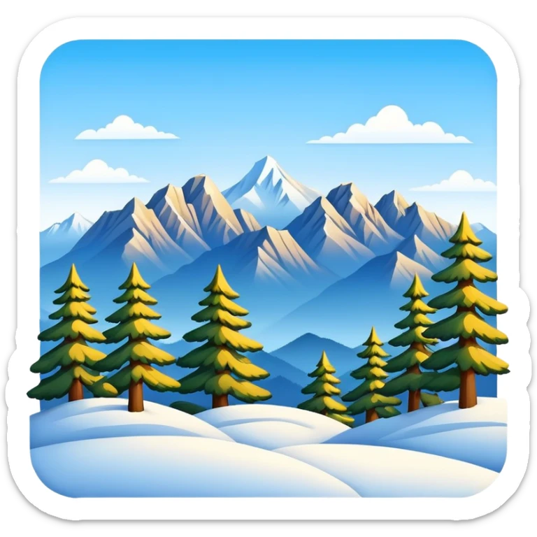 Huangshan Yellow Mountain winter snow peaks with pine trees, simplified emoji style with bold outlines and bright colors, cartoon style snowy mountains sticker
