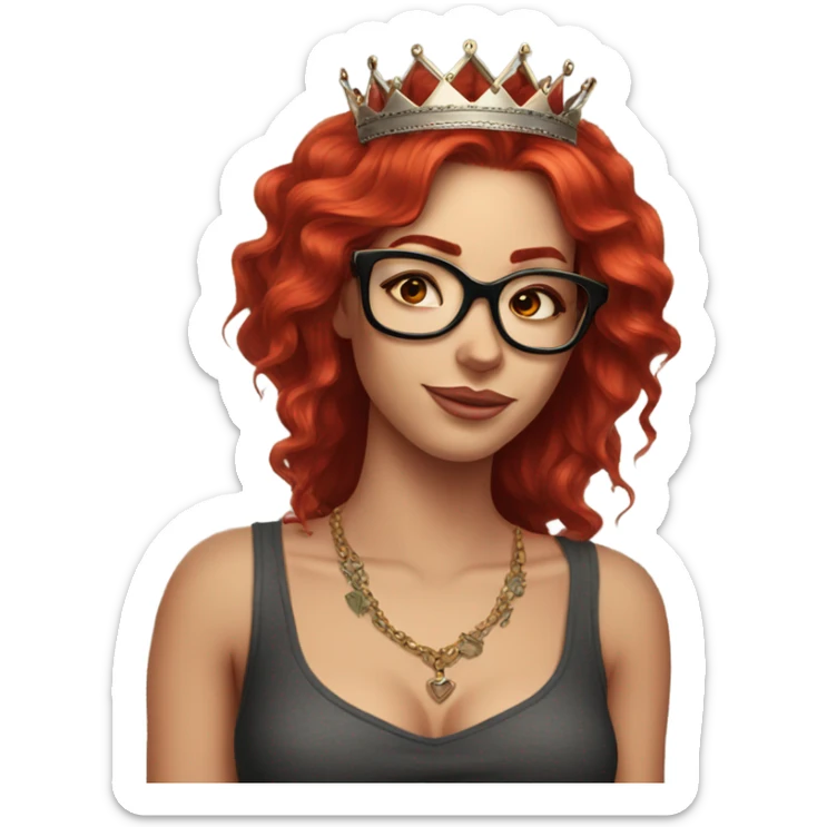 Beautiful girl, long red hair, tattoos, glasses and a crown sticker