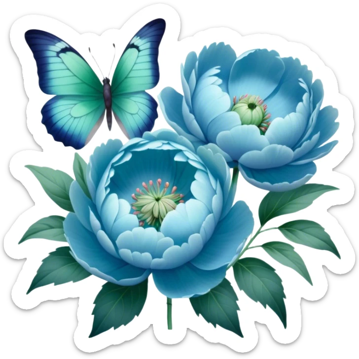 A soft pastel-toned painting of blue peonies and a green butterfly, inspired by vintage floral art. sticker
