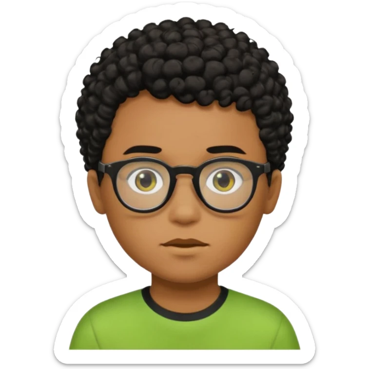 Menino pardo com cabelo curto cacheado preto raspado dos lados, de óculos preto e blusa verde e amarela sticker