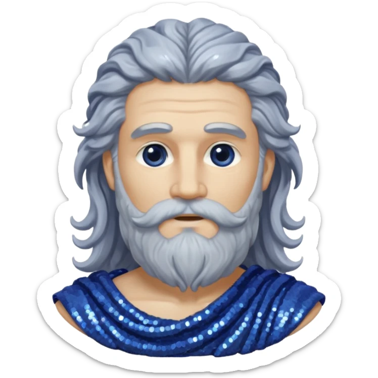Saturn, God of Time from Roman Deities with long gray wavy hair and beard, indigo sequin toga sticker