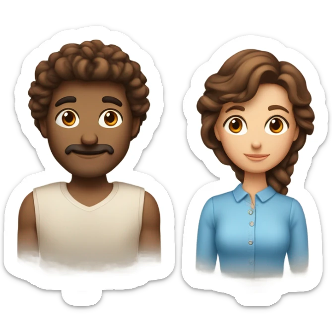 Couple qui se fait un câlin La femme est brune, cheveux lissés Les yeux marrons et l’homme a les cheveux châtains bouclés et les yeux bleus sticker