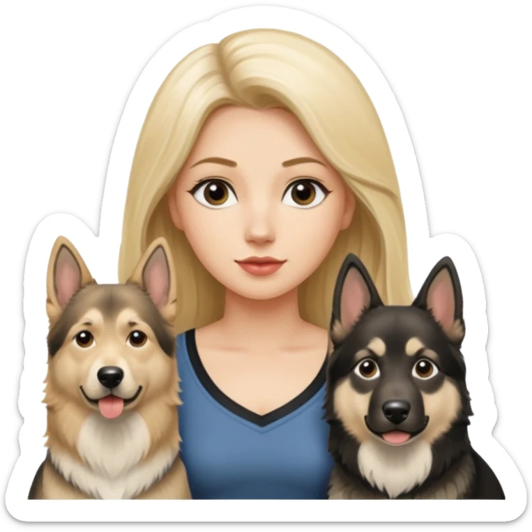 a lady, blonde long hair with 2 german shepards and one black and white alaskan malanute sticker