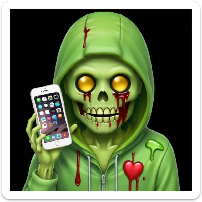Grande faucheuse façon emoji iPhone, visage sombre mi-zombie mi-squelette, slime vert, billets de 100$ intégrés dans la capuche ou autour, tient une faux, fond blanc, effrayant, sans animal ni humain, composition centrée pour photo de profil sticker