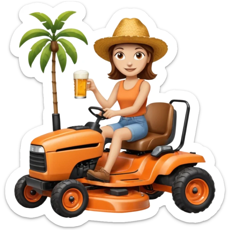 White woman with brown hair, without glasses wearing a straw hat, on old orange ride on lawn mower, holding a beer with one hand and holding the steering wheel with the other hand. Woman is smiling.  sticker