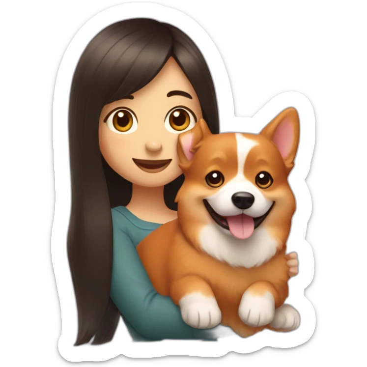 Girl with long dark hair and bangs holding happy red corgi dog sticker