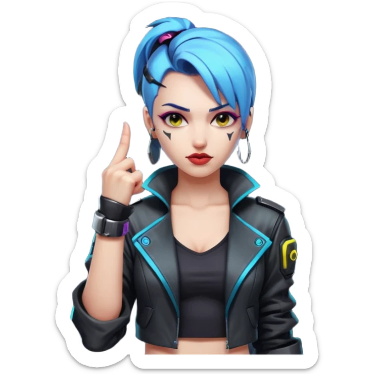 Woman with her tongue out in cyberpunk clothing and giving the middle finger. Looking naughty. sticker