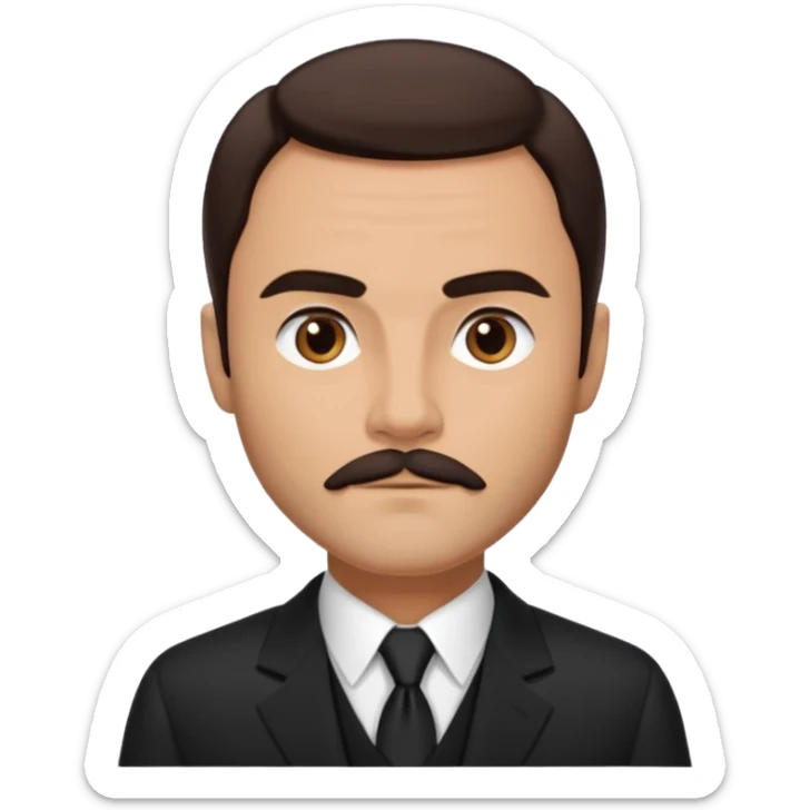 John Saxon with dark brown hair and short mustache, black suit, tan skin sticker