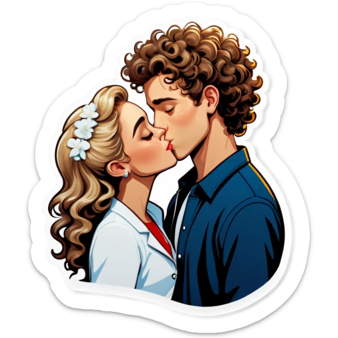 latina brown haired girl kissing white boy blonde curly hair sticker
