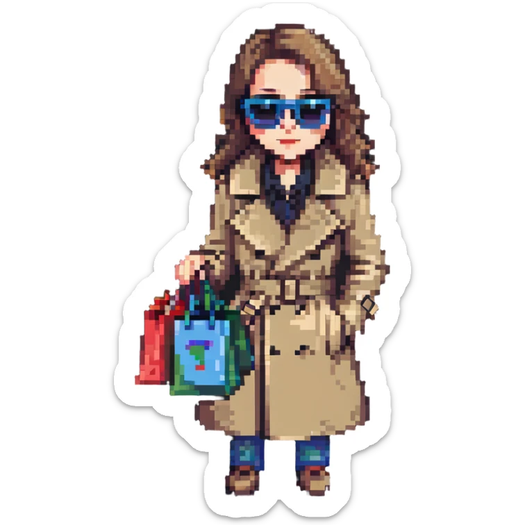 mystery shopper wearing trench coat and sunglasses, holding shopping bag, pixel art style sticker