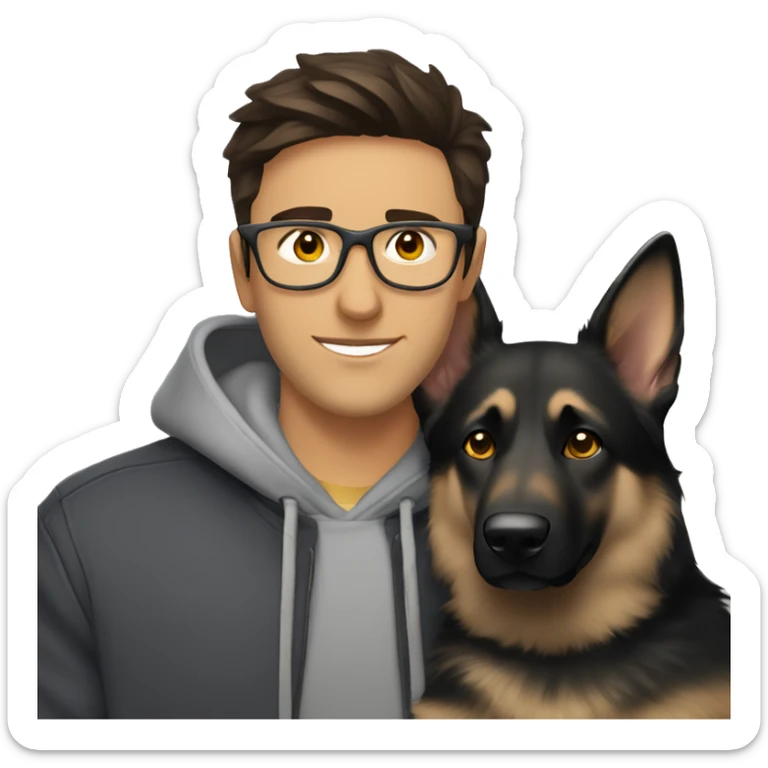 a handsome guy (dark brown hair, grey colour eyes, thin stylish black glasses, hoodie) hugging a dog (grey colour german shepherd, yellow/brown eyes) sticker