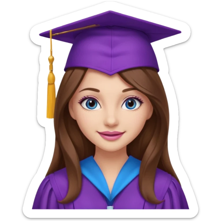 girl with gorgeous long brown hair, blue eyes, long lashes makeup, sexy pink lips, wearing a purple graduation cap and gown sticker