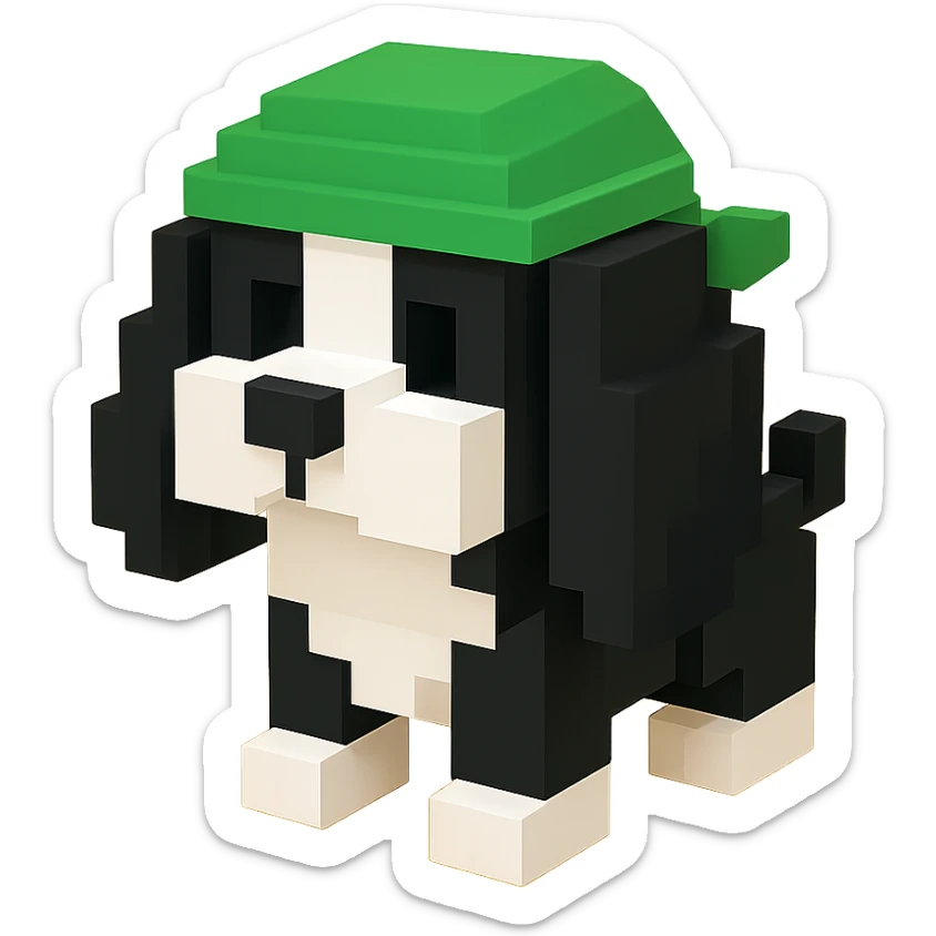 A black and white Russian Cocker Spaniel puppy wearing a green durag, voxel style, sitting sticker