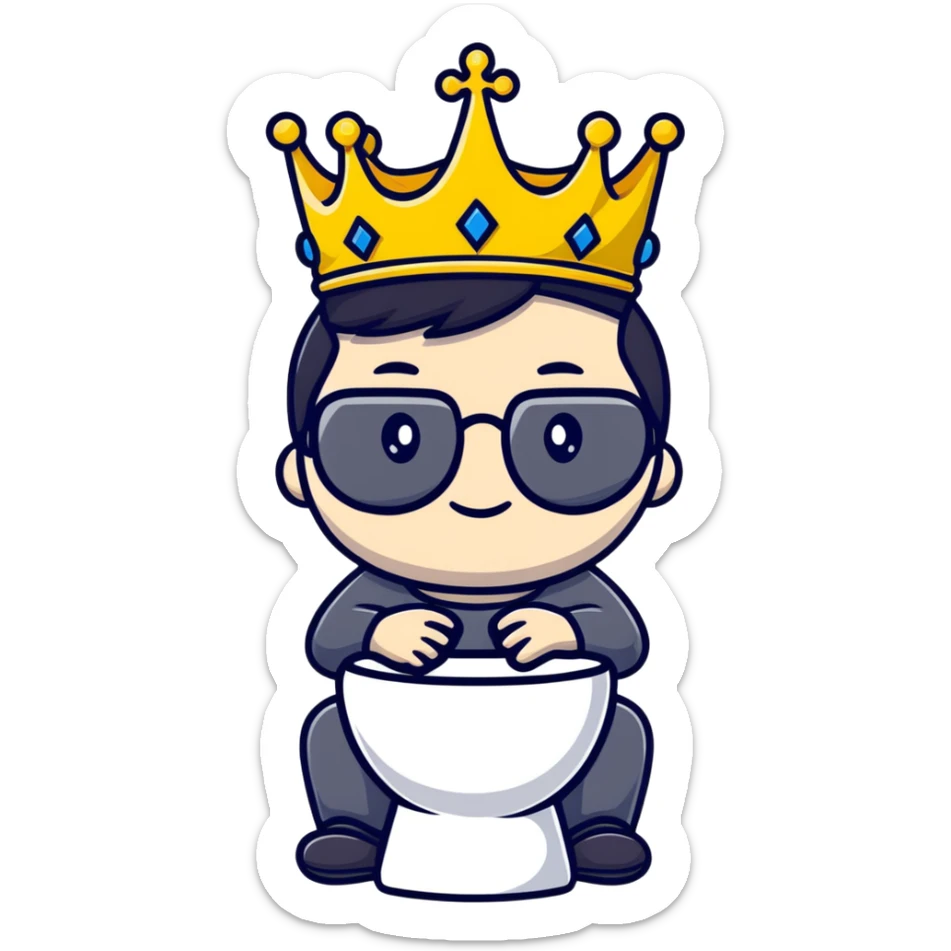 Royal king with crown sitting on a toilet, wearing round glasses and black hair sticker