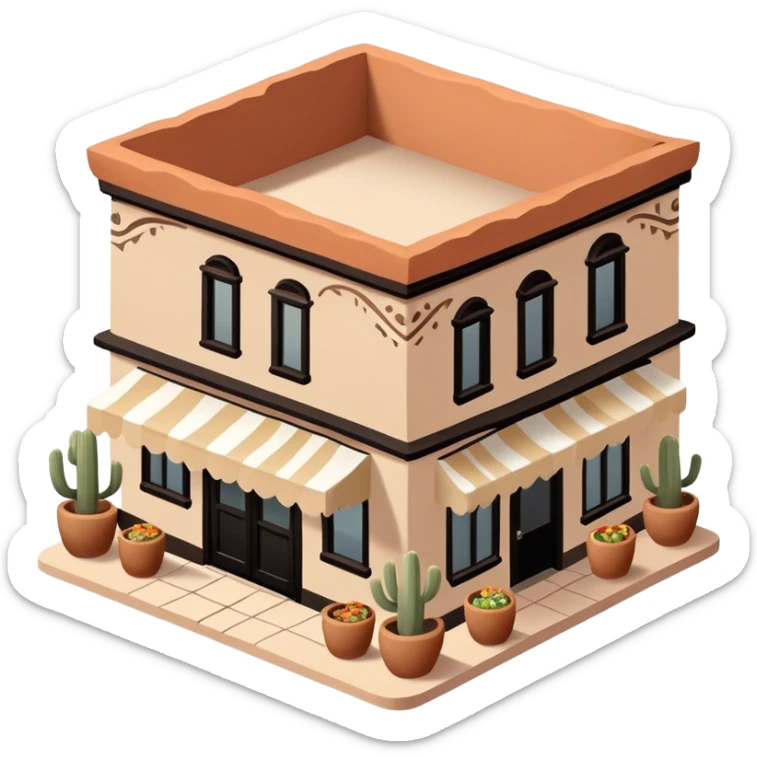 Isometric exterior little black, beige, and white southwestern desert Mexican restaurant, dollhouse style 3D realistic  sticker