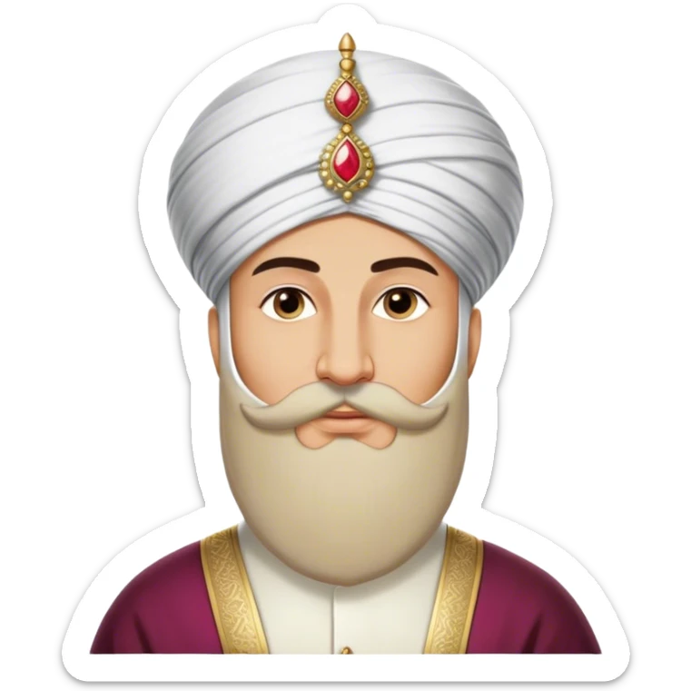 ​Cinematic Realistic Portrait of Suleiman the Magnificent, depicted as a regal Ottoman sultan adorned with a large, white, round, tall turban and a majesti beard, his commanding gaze bathed in warm, historic lighting that exudes timeless authority and grandeur, sticker
