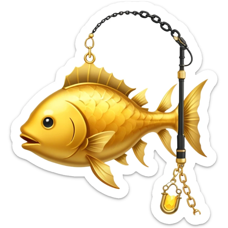 black magical fishing rod with gold chains and gold aura fishing a gold anglerfish sticker