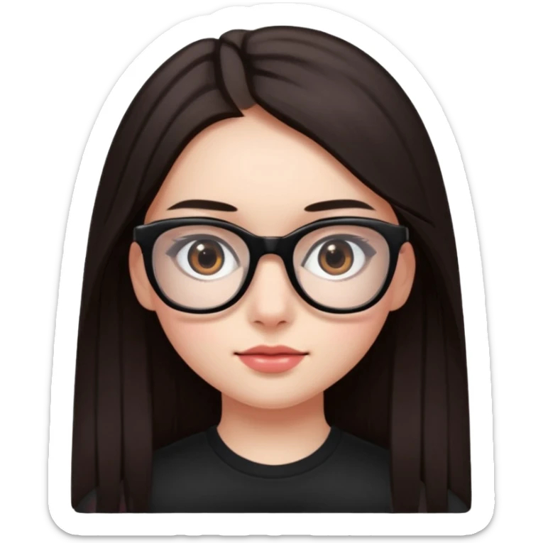 une ado, brune aux cheuveux tres fonces longs lisses blanche, ,lunettes carres noires, yeux bruns fonces joues rose sticker