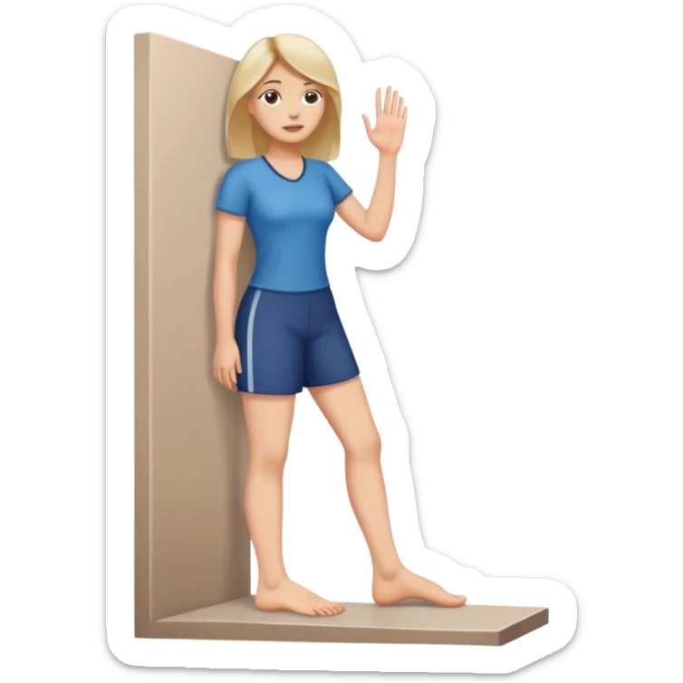 A women standing with her fot and big toe pressed against a wall, for rehab purposes sticker