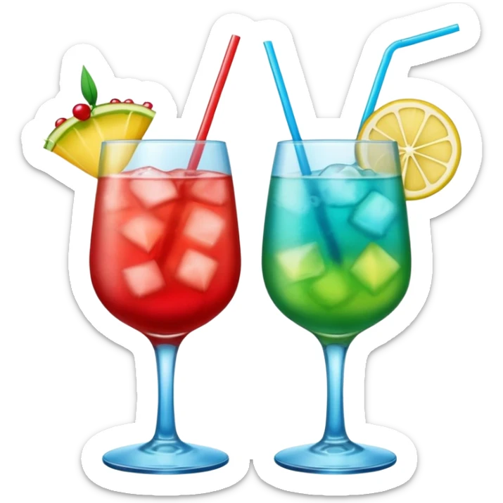 Create two emoji of clear red blended yellow cocktail, cheers with blue blended green cocktail, without any fruit and skewers sticker