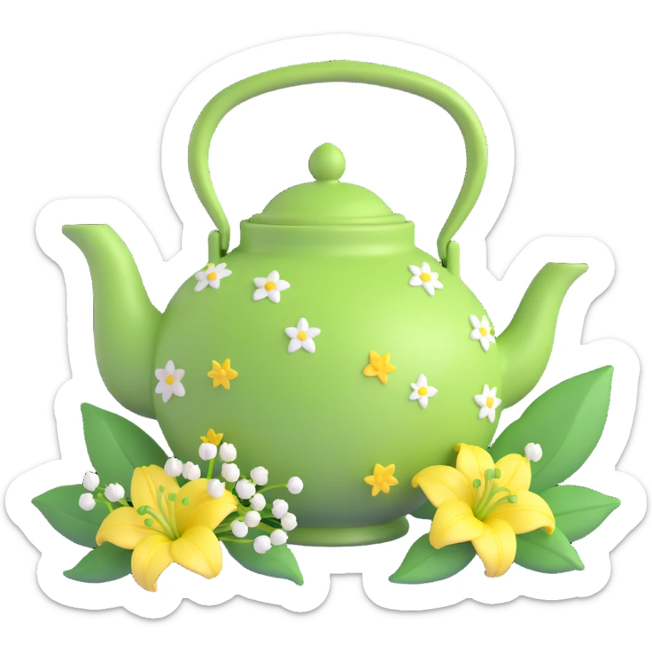 A green teapot with lily of the valley flowers growing out of it, small stars around the flowers. The teapot is light green with a darker green handle and has a scalloped edge. The flowers are white and green, and the stars are small and yellow. sticker